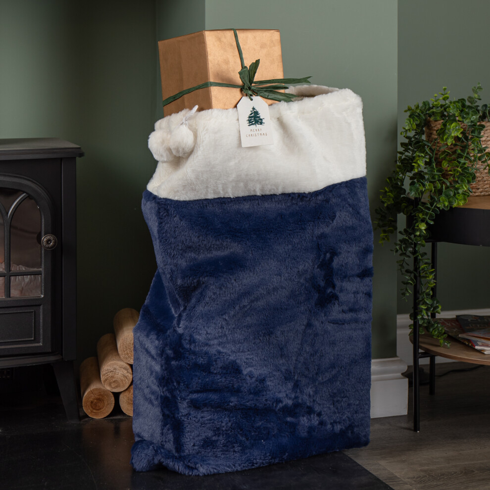 Premier 80 X 55Cm Soft Plush Christmas Sack With Faux Fur Trim And Pom Poms Blue/White
