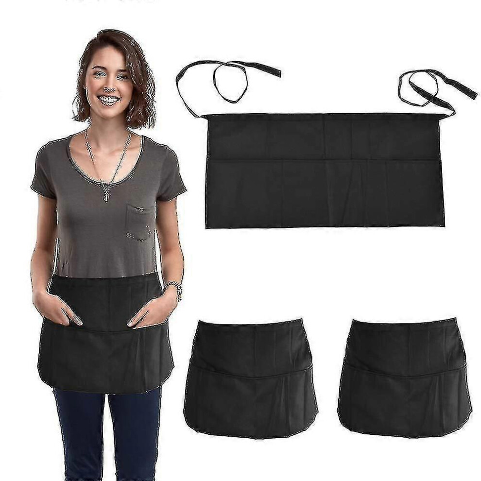 (As show, One size) 3 Pcs Waist Apron Black Half Short Aprons Bistro Restaurant Gardening Half Apron Waiter Waitress Aprons