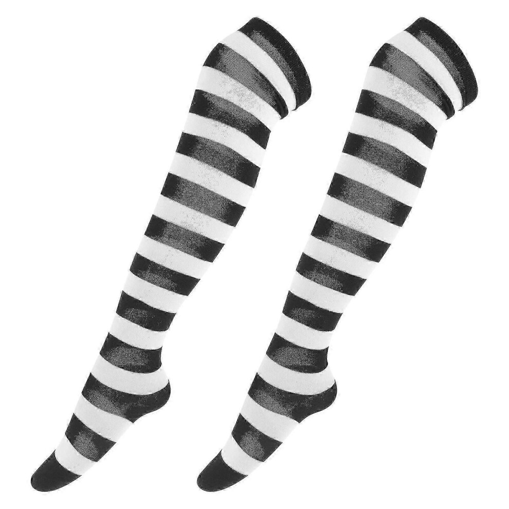 (As show, One size) Pair Of Women's Black And White Wide Striped Thigh High Over The Knee Stocking Socks (black White)
