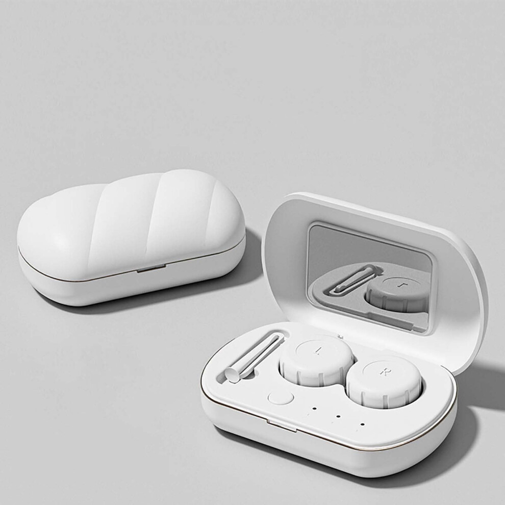 White Contact Lens Case With Cleaner Washer, Contact Lens Travel Kit With Mirror Tool (White)