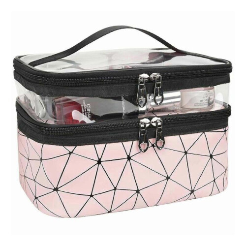 (pink) Large Cosmetic Case Makeup Bag Storage Box Handle Organizer