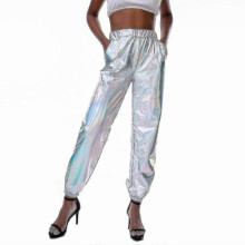 (S, White) Women's  Fashion Holographic Streetwear  Club Cool Shiny Causal Pants