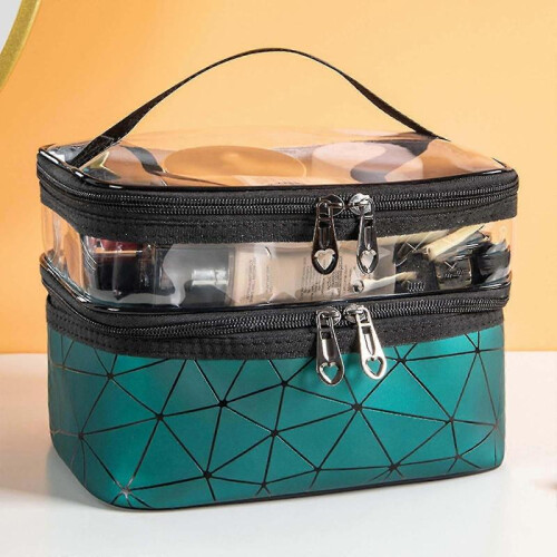 (green) Large Cosmetic Case Makeup Bag Storage Box Handle Organizer 1
