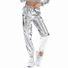 (L, Silver) Women's  Fashion Holographic Streetwear  Club Cool Shiny Causal Pants