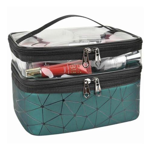 (green) Large Cosmetic Case Makeup Bag Storage Box Handle Organizer