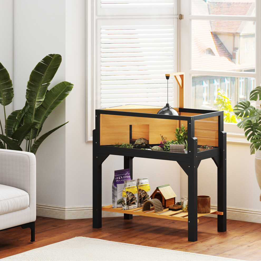 (Yellow) PawHut Wooden Tortoise House with Storage Shelf, Clear Observation Windows