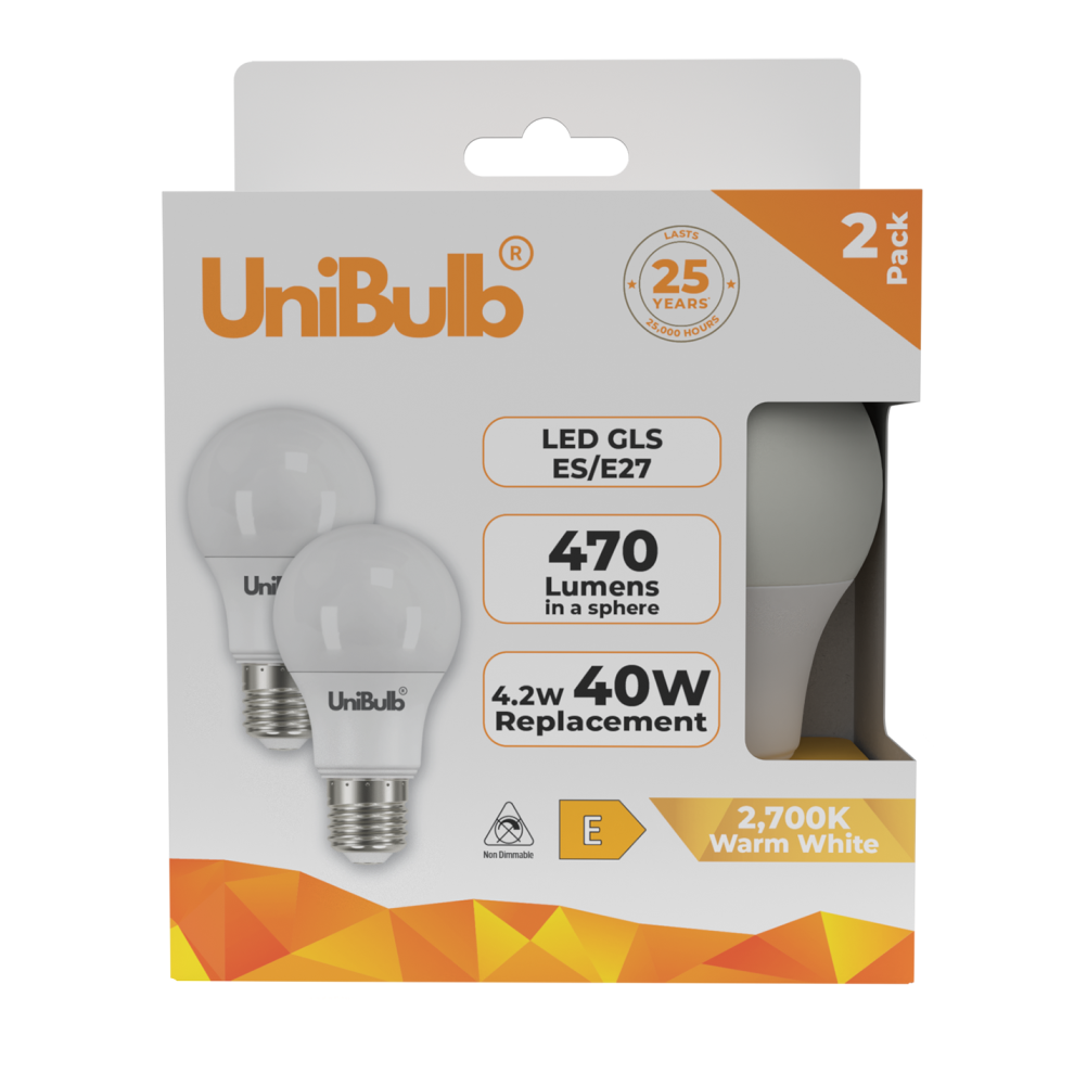 UniBulb LED GLS E27 470lm 4.2W 2700K (Warm White)  - Pack of 2-image-OPC-PHZ6HD8-NEW