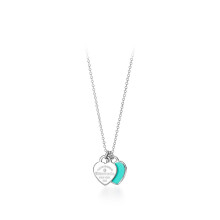 (Silver double-heart blue diamond necklace) Classic T brand Double Heart Heart pendant, diamond and gold-plated heart necklace