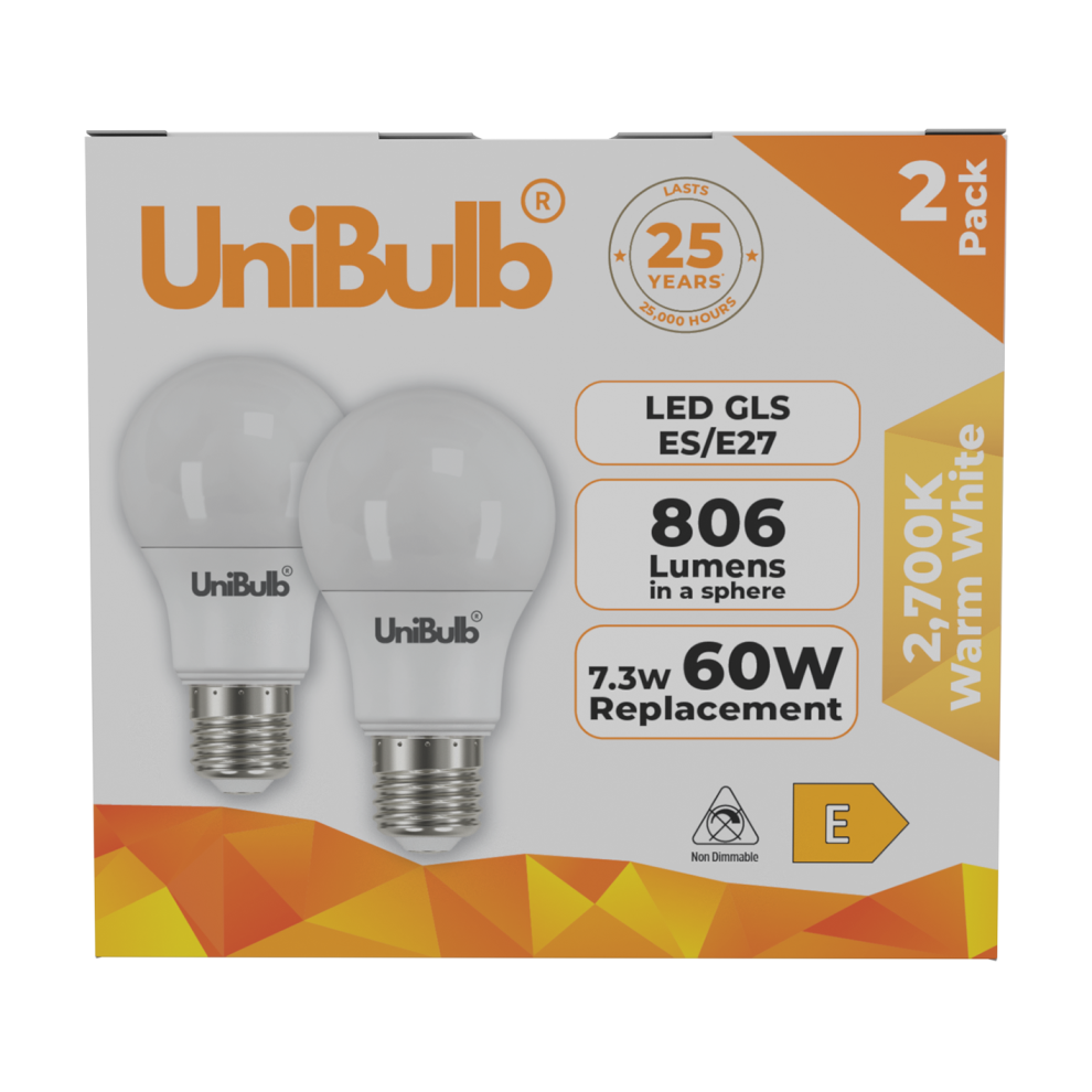 UniBulb LED GLS E27 806lm 7.3W 2700K (Warm White) Light Bulb-Pack of 2-image-OPC-PHZ6RKG-NEW