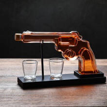 (1 Pistol Decanter * 2 Cups * 1 Wooden Stand) 1pc Revolver Wine Aerator Set with 2 Glasses and Wooden Stand, Whiskey Gun Decanter Kit, Borosilicate Glass Carafe for Red Wine