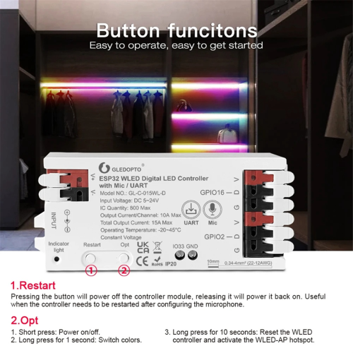 Controlador WLED ESP32 Para Tiras LED - Compatible Con WS2812B, SK6812, Micrófono Incluido, Control Por App Y Wi-Fi