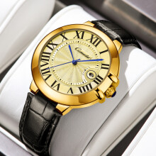 (A68 Black Leather with Gold finish [Mechanical Imitation]) Men's watch, fully automatic waterproof fashionable business imitation mechanical watch