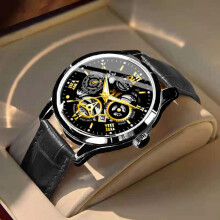 (The belt is all black., Gift box packaging) Trendy and fashionable high-end waterproof luminous business fully automatic quartz Roman skeleton men's wristwatch