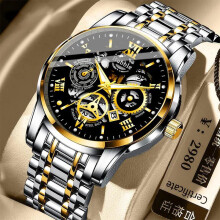 (The steel is interlaced with black, Gift box packaging) Trendy and fashionable high-end waterproof luminous business fully automatic quartz Roman skeleton men's wristwatch