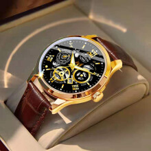 (Golden shell, brown with a hint of black, Gift box packaging) Trendy and fashionable high-end waterproof luminous business fully automatic quartz Roman skeleton men's wristwatch