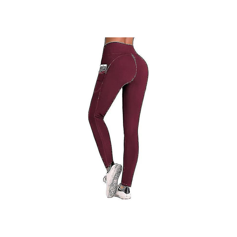 (s, Burgundy) Iuga Yoga With Pockets, Workout Running Leggings With Pockets For Women