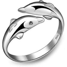 (As show, One size) Simple Double Dolphins Head Adjustable 925 Sterling Silver Fashion Ring Perfect For Gift