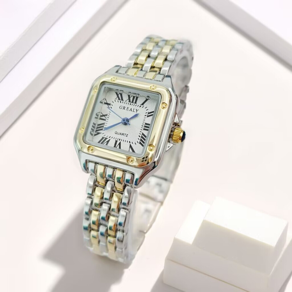 (Gold) Fashionable Steel Band Diamond-Encrusted Ladies' Watch Square Roman Numeral Quartz Wristwatch Gold