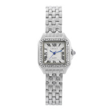 (Diamond-set silver) Fashionable steel band diamond-encrusted ladies' watch square Roman numeral quartz wristwatch