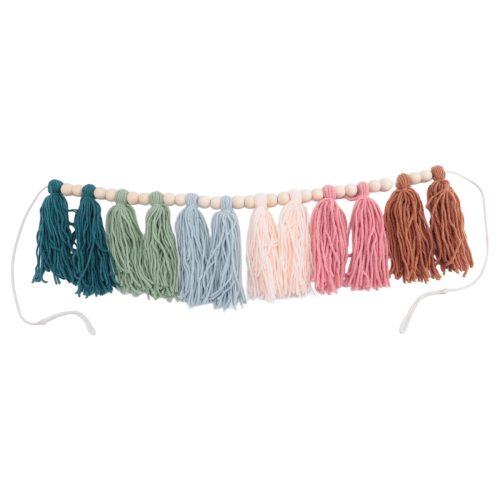 Boho-Quastengirlande mit Holzperlen, erdfarbene Regenbogengirlande A