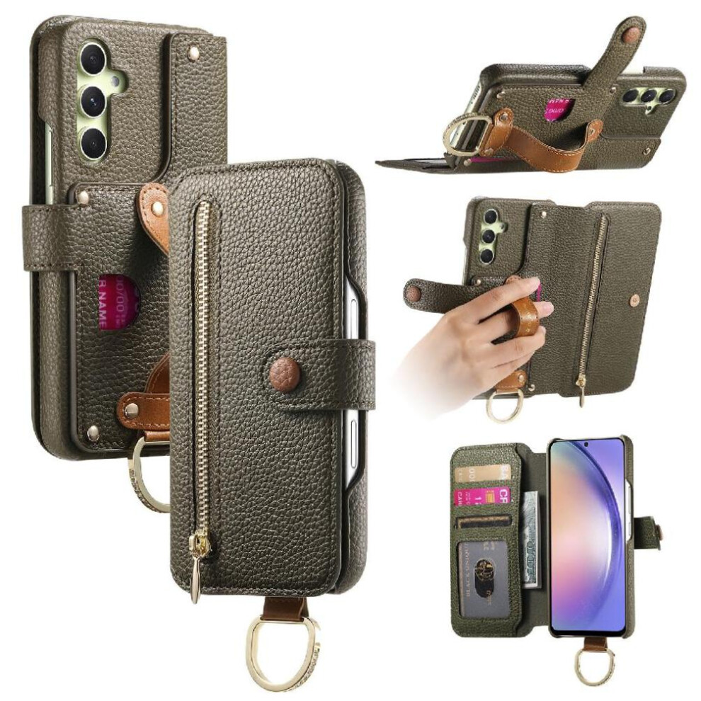 (Green) Flip Case For Samsung Galaxy A34 Zipper Stand Wallet Crad Slot Wristband Green 764563082636