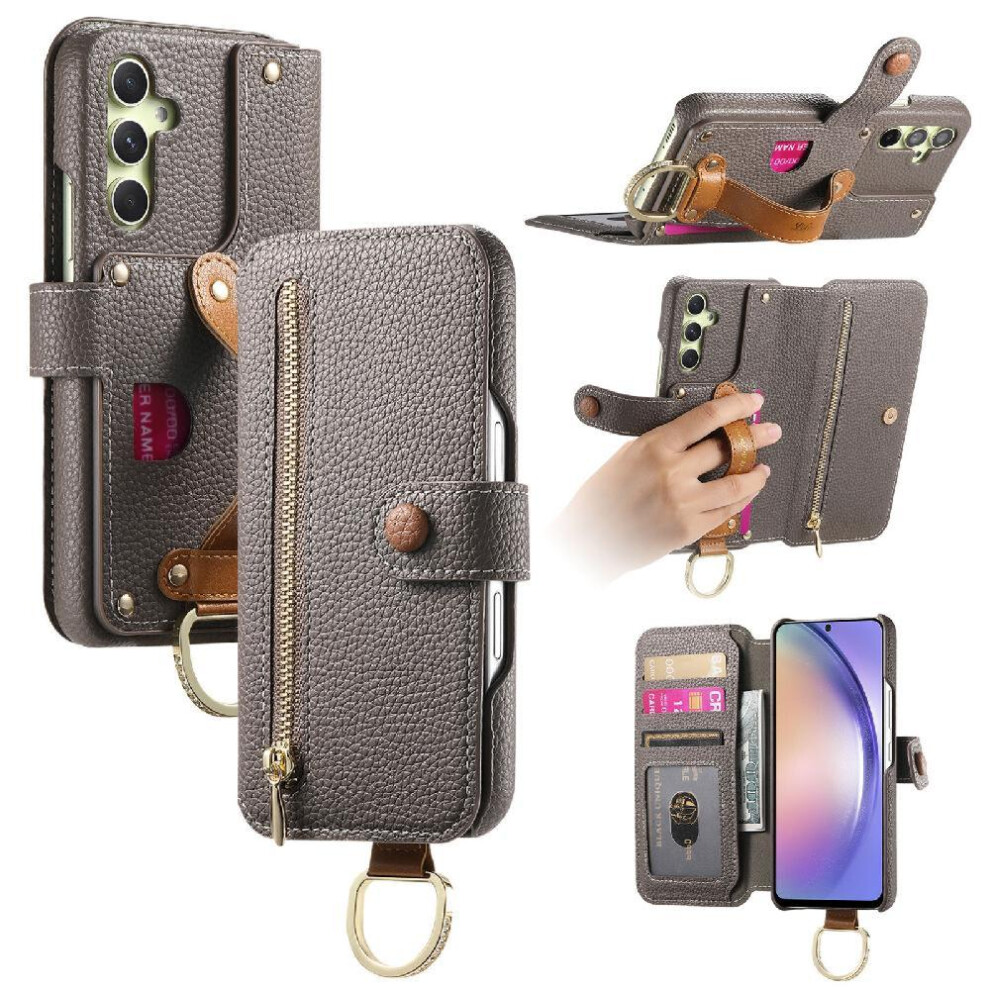 ( ) Flip Case For Samsung Galaxy A34 Zipper Stand Wallet Crad Slot Wristband Gray 764563082612