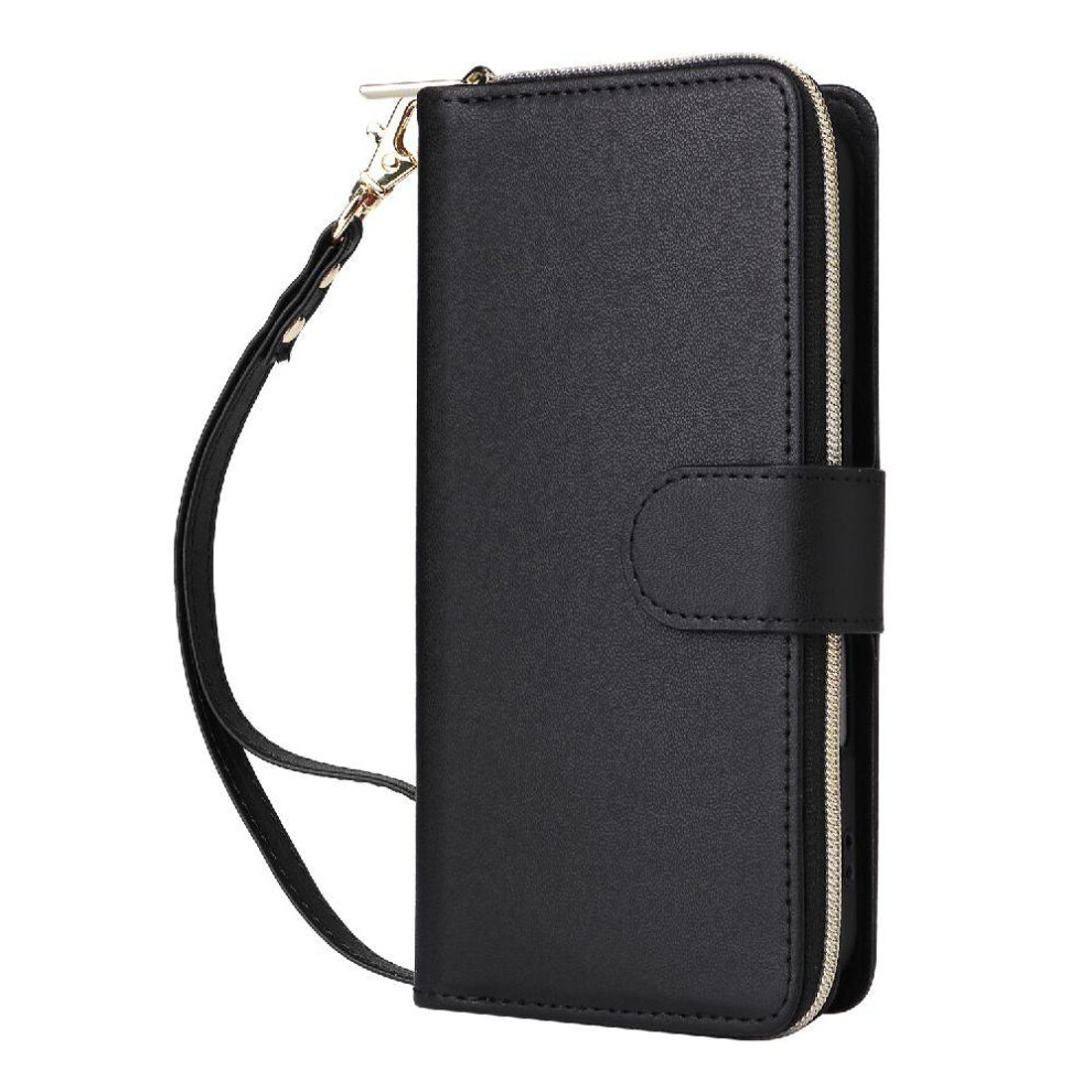 (Black) Wallet Case For Samsung Galaxy A34 Crossbody And Wrist Strap 9 Card Holder Pu Leather Magnetic Closure Zipper Pocket Black 764563082926