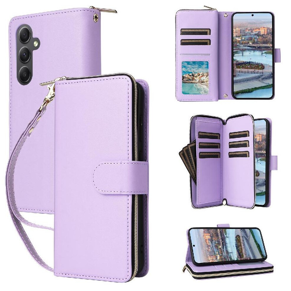 ( Violet) Wallet Case For Samsung Galaxy A34 Crossbody And Wrist Strap 9 Card Holder Pu Leather Magnetic Closure Zipper Pocket Light 764563082964