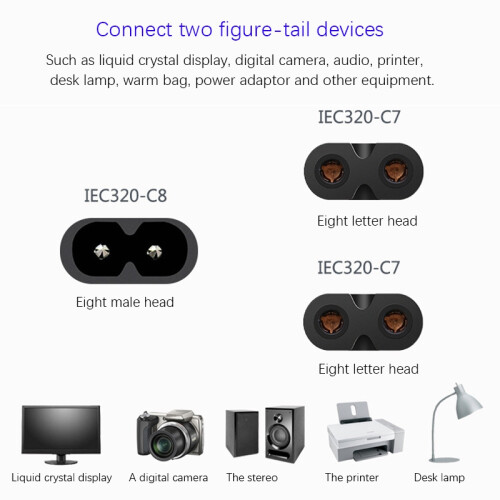 IEC320 C8 to 2X C7 Y Split AC Power Cord, 1 in 2 Out AC Power Cable 1