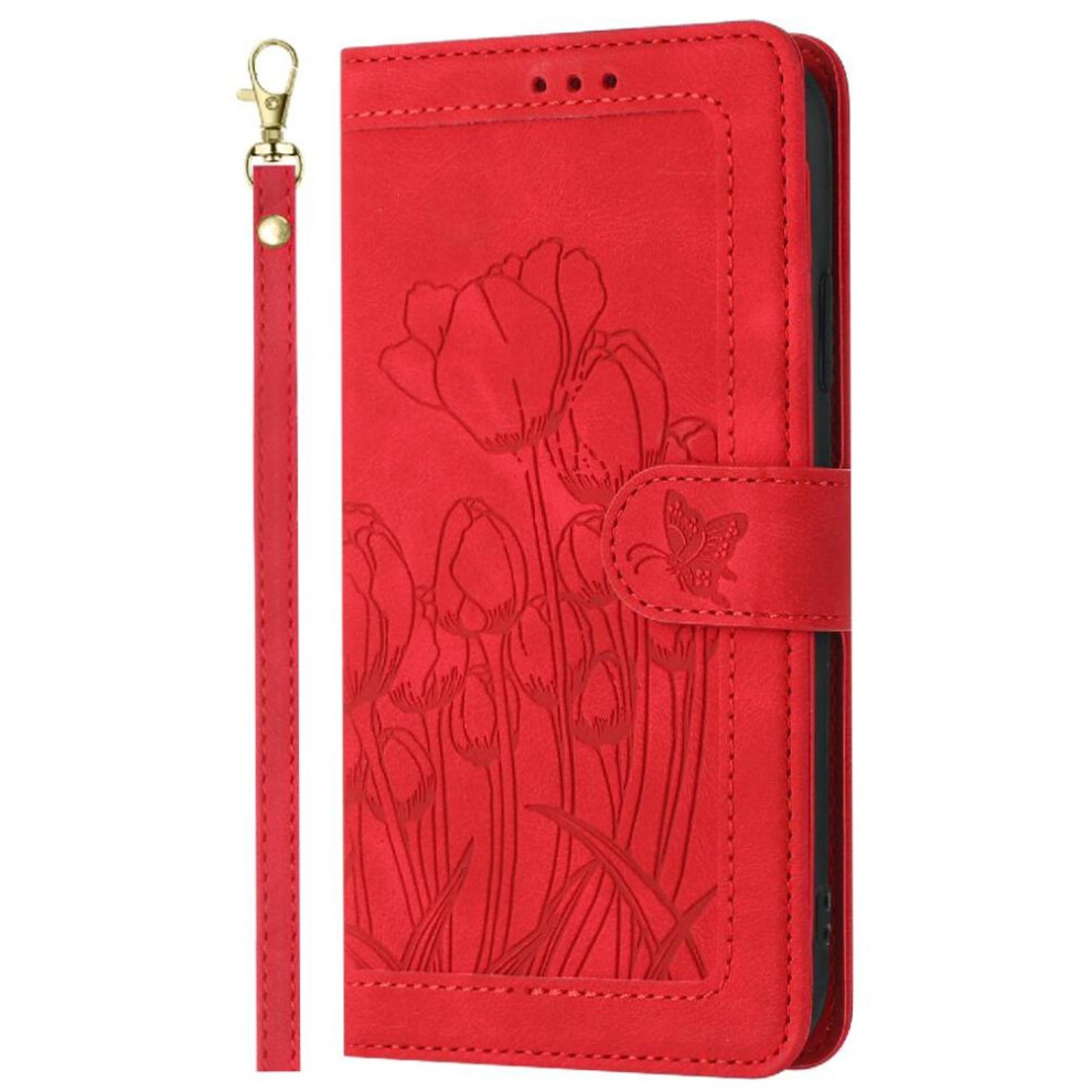 (Red) Wallet Case For Samsung Galaxy A34 5G Kickstand Pu Leather Magnetic Closure Wrist Strap Tulip Embossed Flip Case Red 764563085248