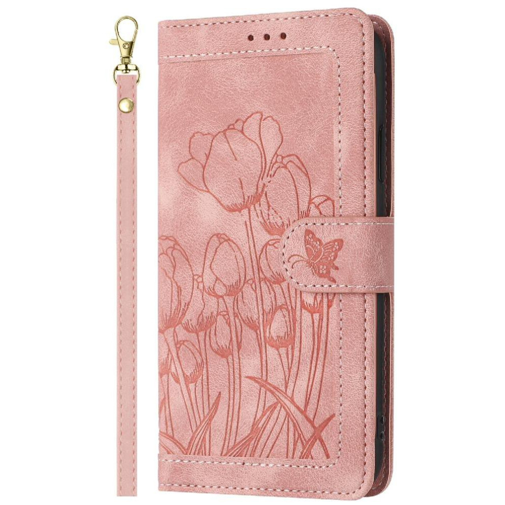 (Pink) Wallet Case For Samsung Galaxy A34 5G Kickstand Pu Leather Magnetic Closure Wrist Strap Tulip Embossed Flip Case Pink 764563085217