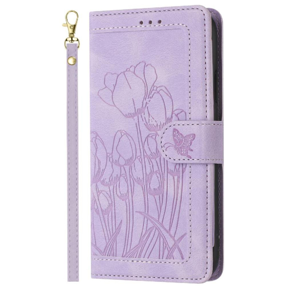 ( Violet) Wallet Case For Samsung Galaxy A34 5G Kickstand Pu Leather Magnetic Closure Wrist Strap Tulip Embossed Flip Case Light 764563085231