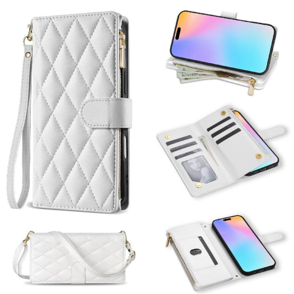 (White) Zipper Pocket Phone Case For Samsung Galaxy A34 Wrist Strap Card Holder Crossbody Strap Kickstand Magnetic Closure White 764563085842