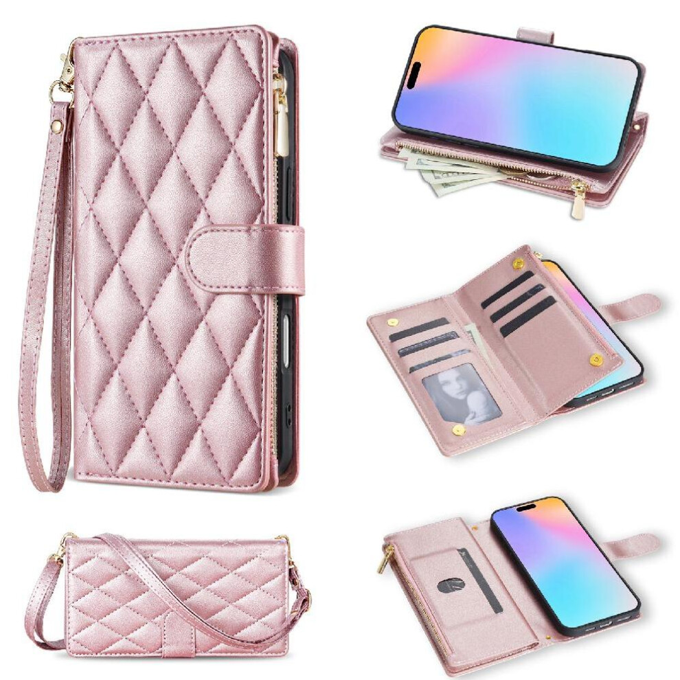 (Rose ) Zipper Pocket Phone Case For Samsung Galaxy A34 Wrist Strap Card Holder Crossbody Strap Kickstand Magnetic Closure Gold 764563085866