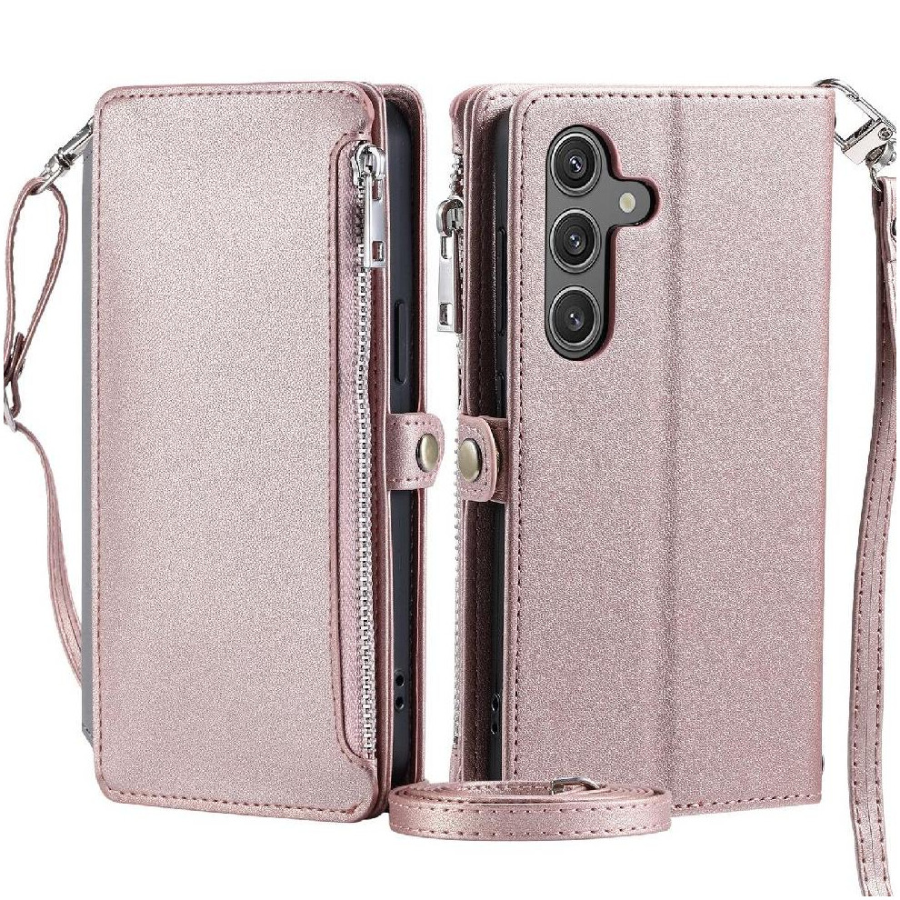 (Pink) Crossbody Case For Samsung Galaxy A34 5G Zipper Bills Slot Rfid Blocking Case Wallet Long Lanyard 9 Card Slots Pink 764563087228