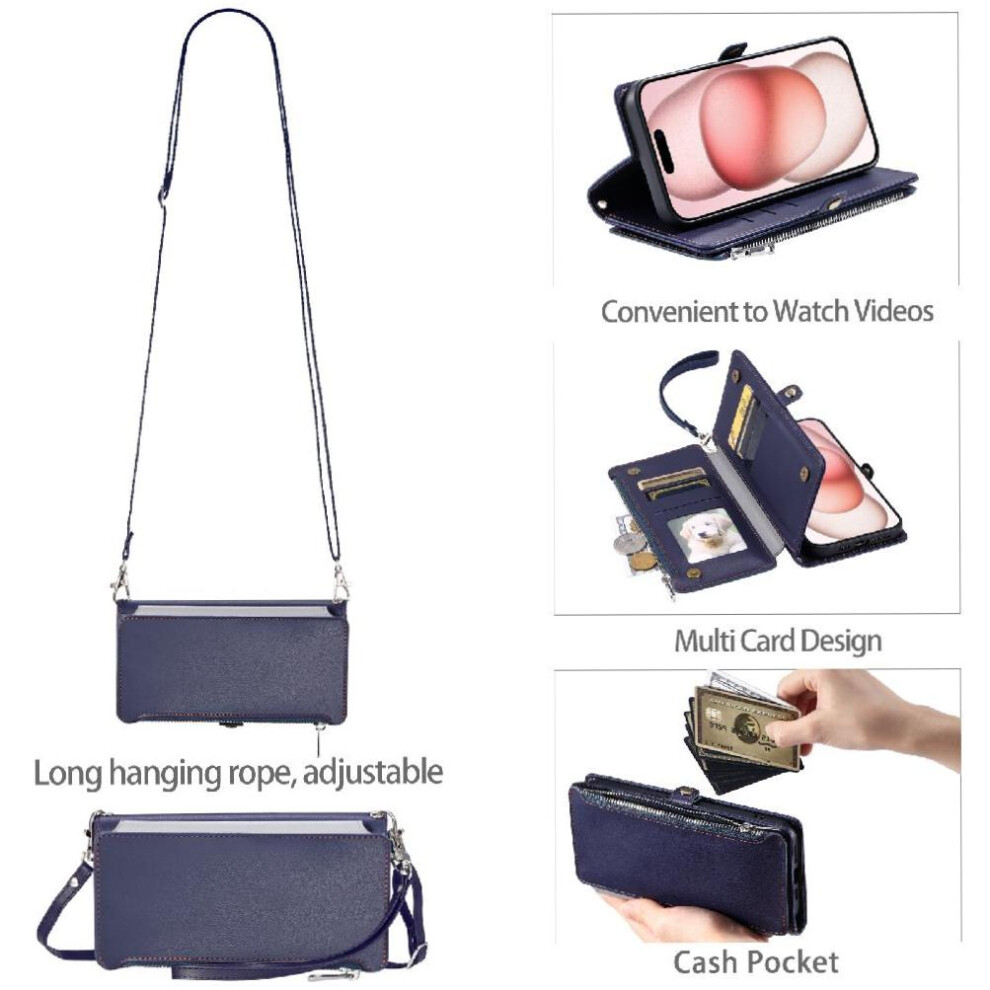 (Blue) Crossbody Case For Samsung Galaxy A34 5G Zipper Bills Slot Rfid Blocking Case Wallet Long Lanyard 9 Card Slots Blue 764563087242