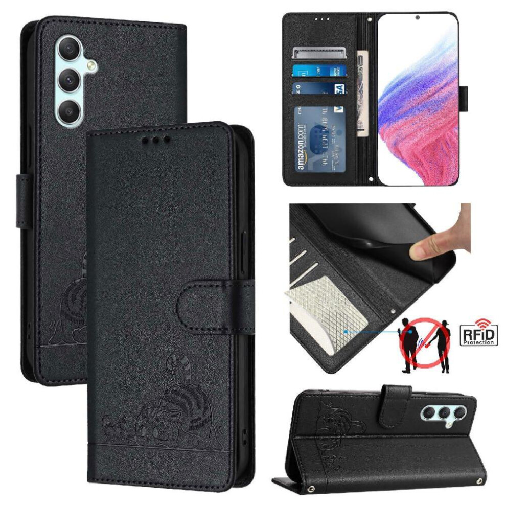 (Black) Case For Samsung Galaxy A34 5G Cat Rfid Card Slot Holder Kickstand Wallet Flip Cover Black 764563088058