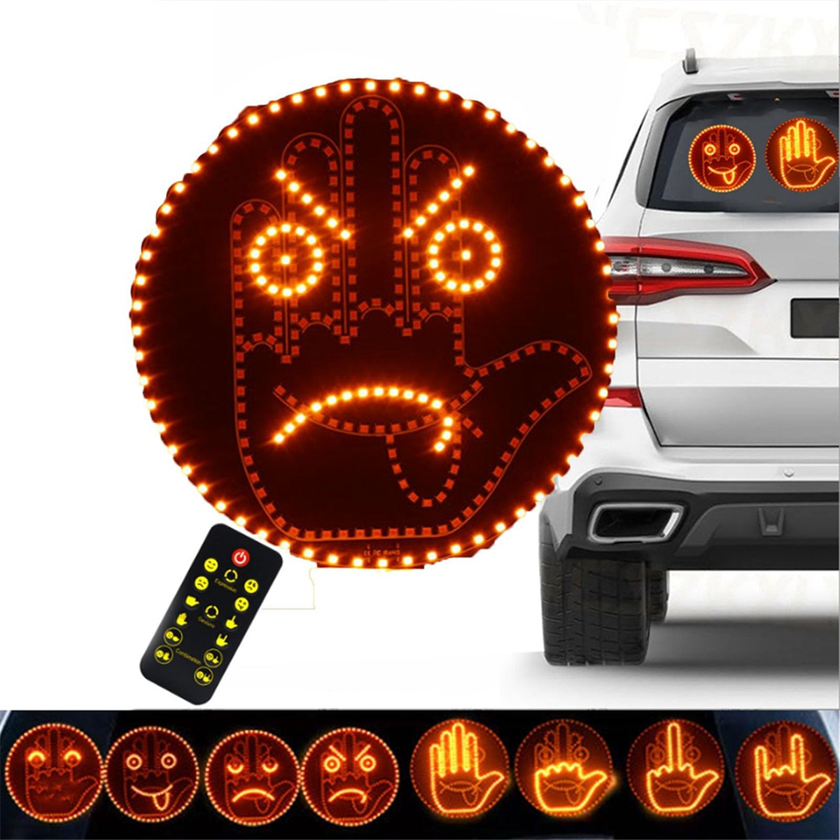 Lampe Doigt Voiture 2-en-1 - 14 Expressions Lumineuses + Télécommande - Pouce Vers Le Bas, Smiley, Cœur - Pour Communiquer Sur La Route