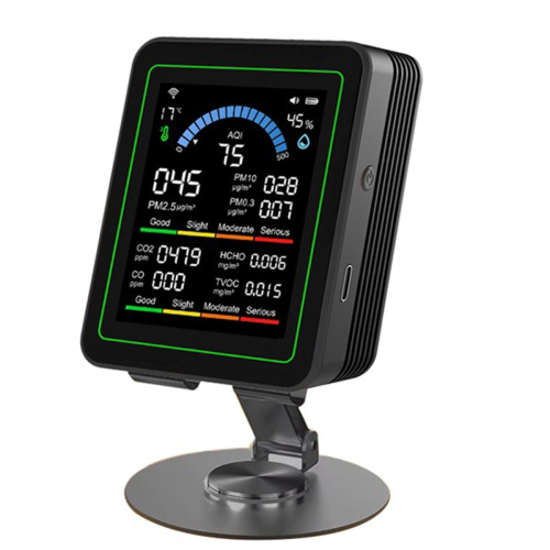 Monitor de qualidade do ar Tuya WiFi 10 em 1 com suporte, preto.