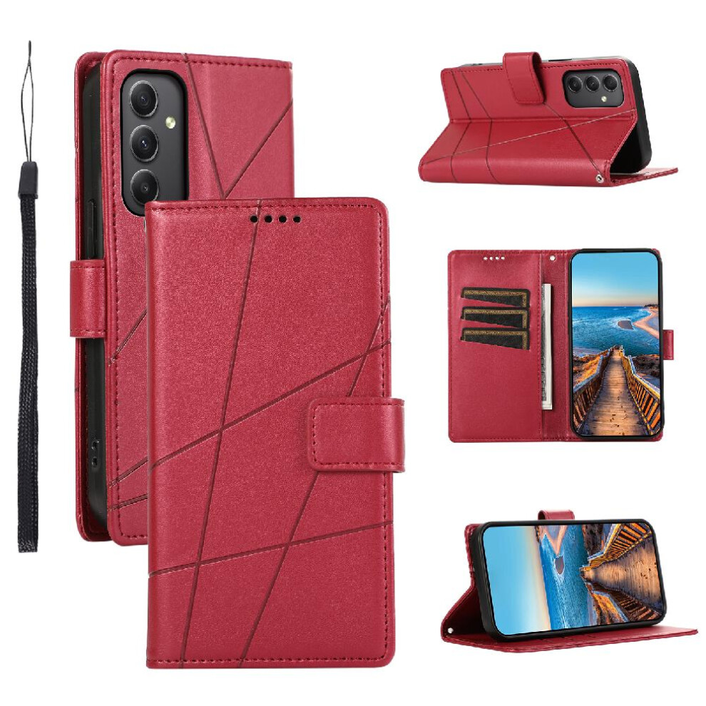 (Red) Flip Case For Samsung Galaxy A34 5G Shock Absorbing Kickstand Shockproof Three Card Slots Red 764563090037