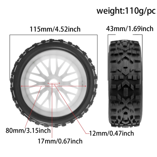 4 st 115 mm 1/8 RC Terrängbilshjul Däck 17 mm Hex C 2