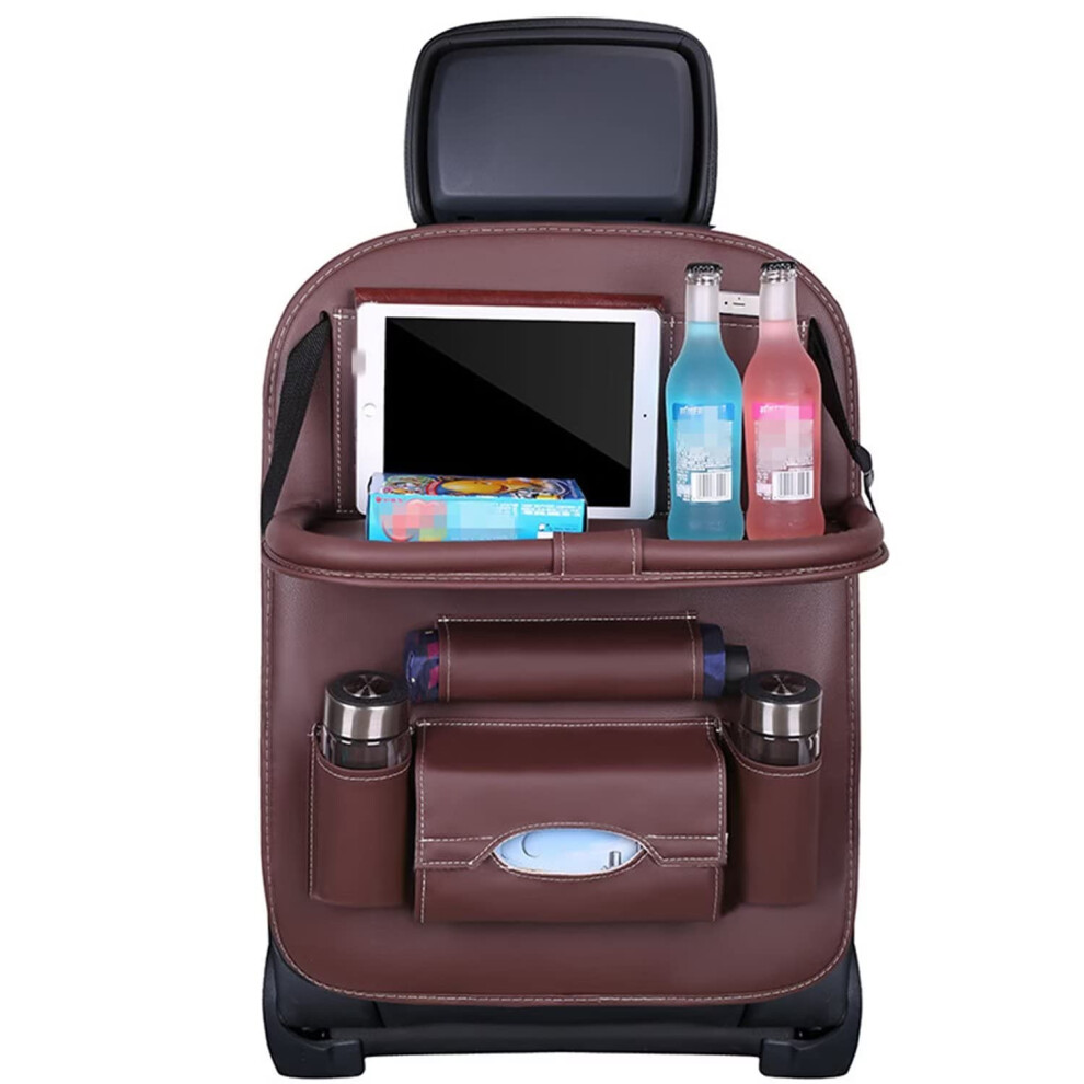 Car Seat Back Organizer With Foldable Table Tray Leather Storage Organizer 689788450247