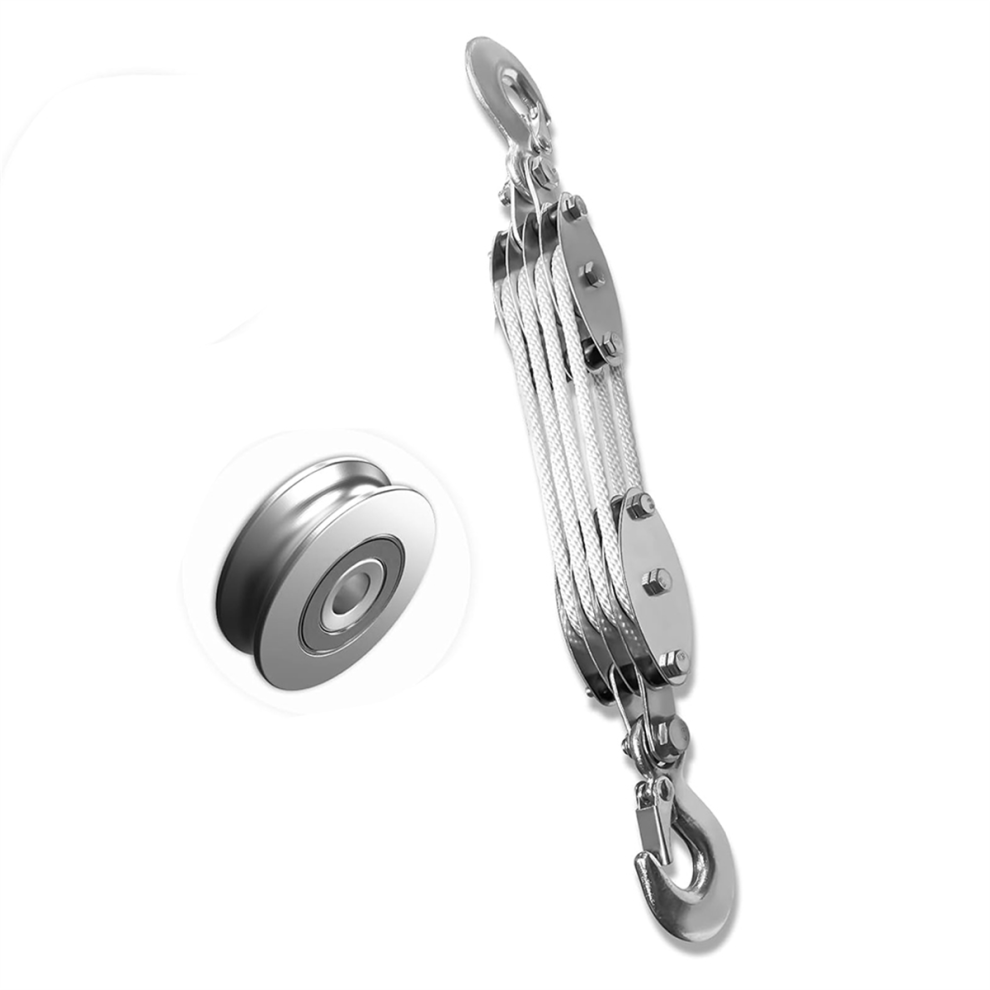 Block And Tackle Pulley System, 4-Wheel Rope Pulley Hoist White 4853784358951