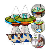 UFO Kidnapping Cattle Stained Glass Phallus Catcher, Painted UFO Pendant Cattle Stained Glass
