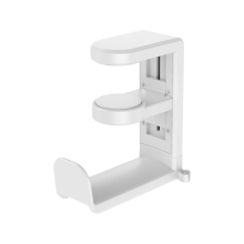 Suporte giratório para fones de ouvido com fixação ajustável por grampo, branco.