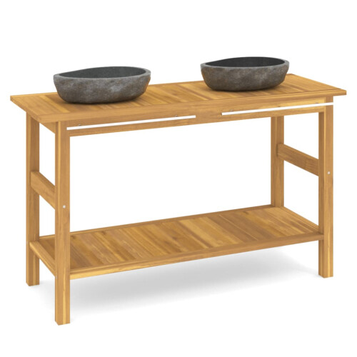 VidaXL vidaXL Solid Wood Teak Bathroom Vanity Cabinet with River Stone Sinks Basin