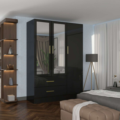 (Black, 116cm) 3 Door High Gloss Wardrobe 1