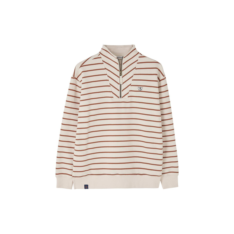 Lighthouse (Uk 10, Rust Stripe) Women's Coral Cotton Rich Jersey Sweatshirt - Ladies Warm Funnel Neck Half Zip Top