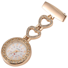Spilla da donna a cuore in acciaio con cristalli per infermiera, dottoressa e paramedico, orologio da tasca al quarzo con fob, oro rosa