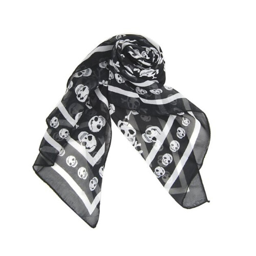 Sort silkechiffon med hodeskalle-tryk, lang sjal til kvinder + 2